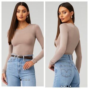 NWT OW Collection Erla Bodysuit Tan L Long Sleeve Crewneck